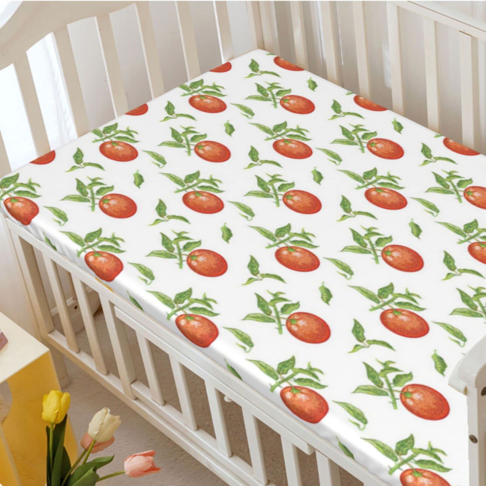 Tangerine Themed Fitted Crib Sheet,Standard Crib Mattress Fitted Sheet Soft and Breathable Bed Sheets-Great for Boy or Girl Room or Nursery,28“ x52“,Fern Green Vermilion White