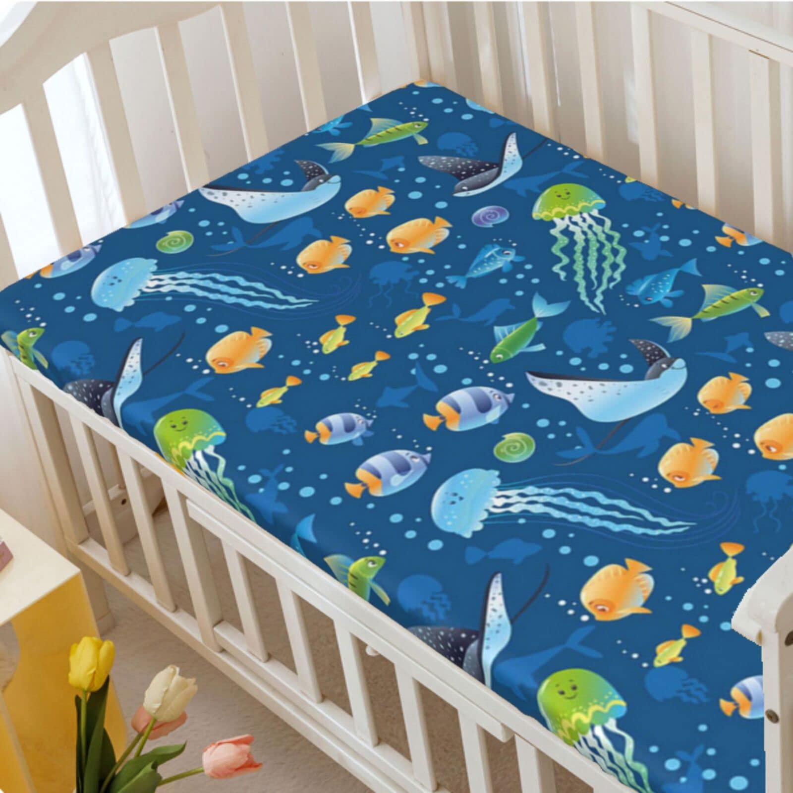 Under The Sea Themed Fitted Mini Crib Sheets,Portable Mini Crib Sheets Soft and Breathable Bed Sheets-Baby Crib Sheets for Girl or Boy,24“ x38“,Dark Sky Blue and Multicolor