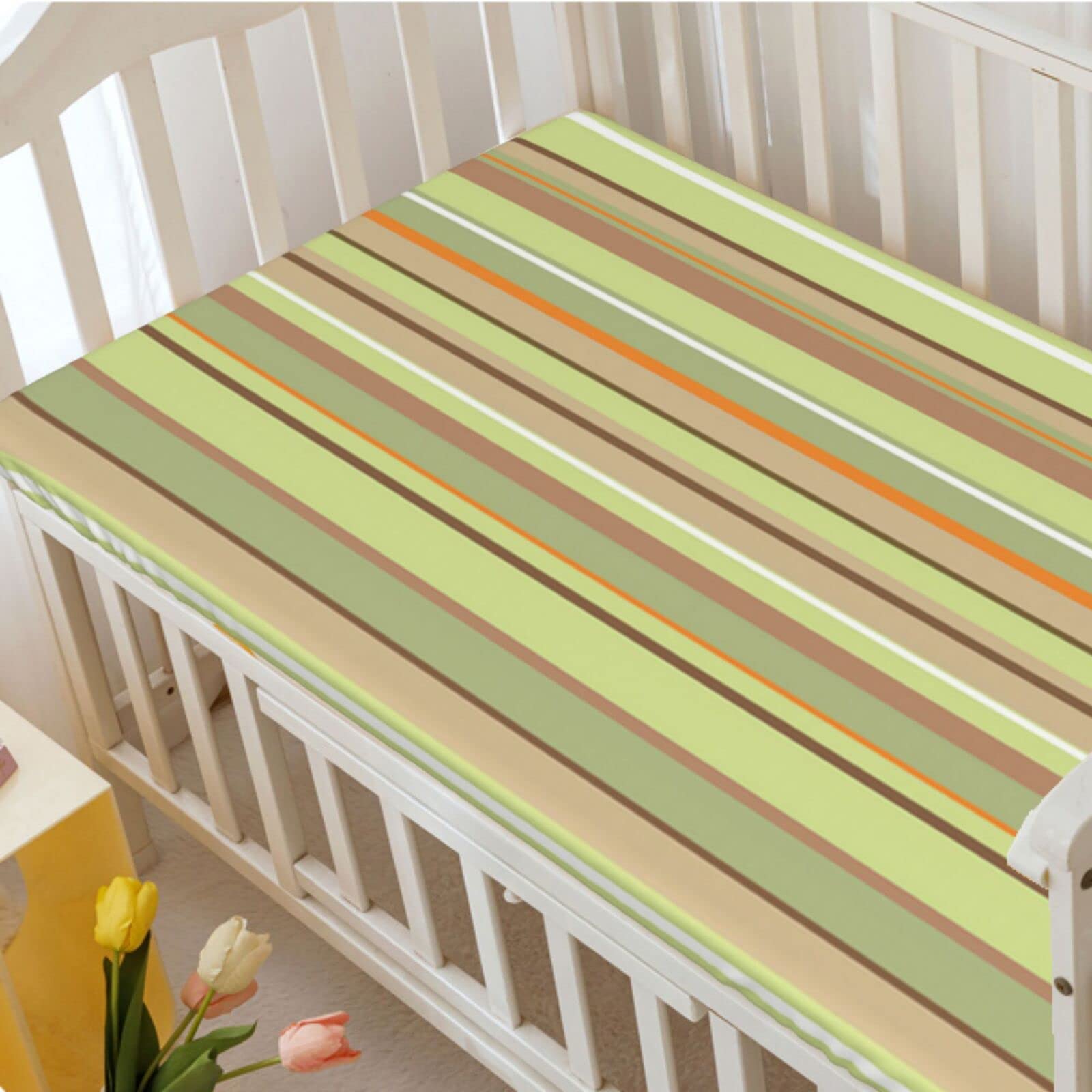 Striped Themed Fitted Mini Crib Sheets,Portable Mini Crib Sheets Soft and Breathable Bed Sheets-Baby Crib Sheets for Girl or Boy,24“ x38“,Pistachio Green Tan Orange