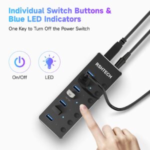 Powered UBS Hub, RSHTECH 7 Port USB 3.0/USB C Hub Upgraded Version Aluminum USB Hub with 2-in-1 USB Cable,5V 3A Power Adapter and Individual Switches, USB Port Expander Hub for Laptop and PC, RSH-ST07