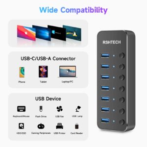 Powered UBS Hub, RSHTECH 7 Port USB 3.0/USB C Hub Upgraded Version Aluminum USB Hub with 2-in-1 USB Cable,5V 3A Power Adapter and Individual Switches, USB Port Expander Hub for Laptop and PC, RSH-ST07