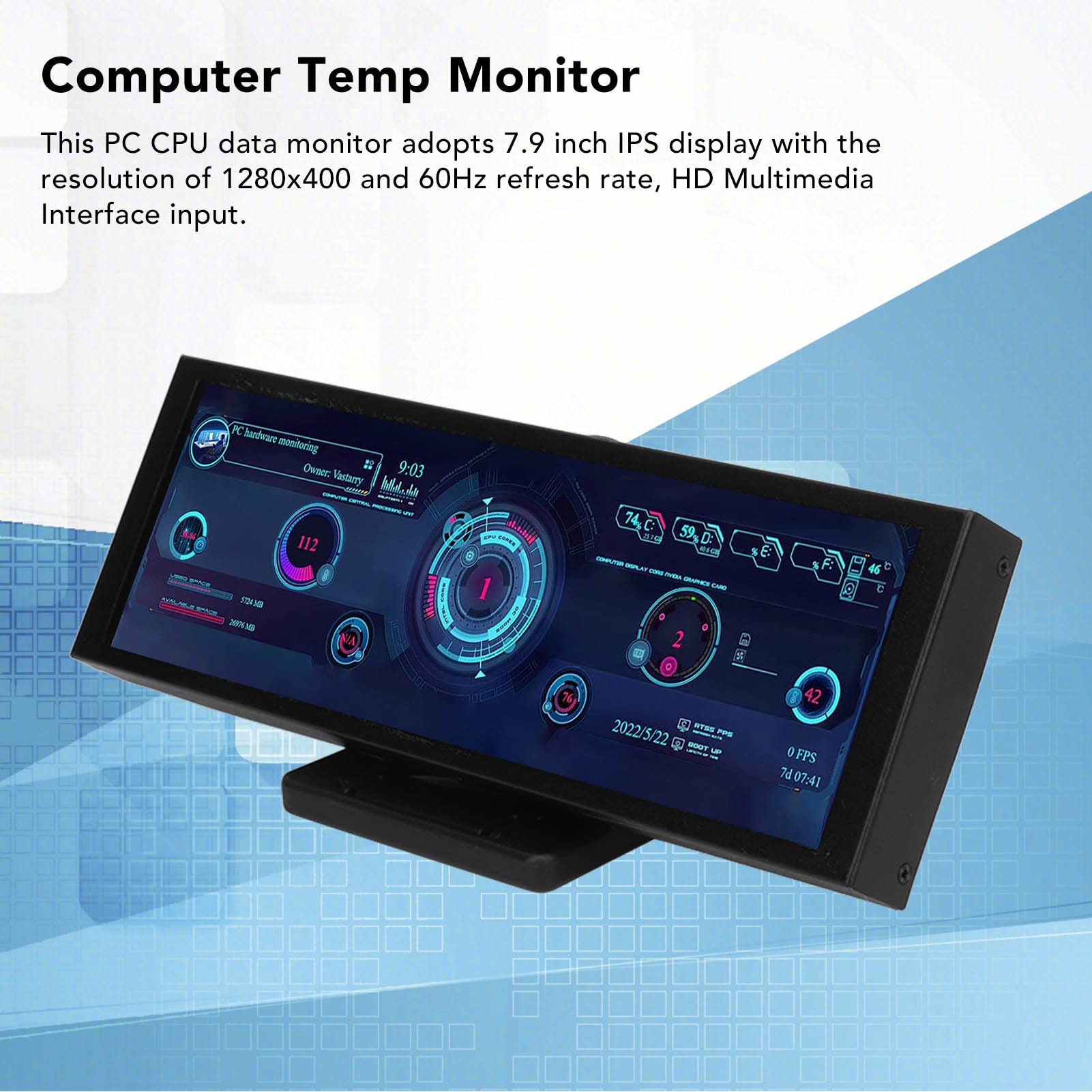 IPS USB Mini Screen PC CPU HDD Data Monitor, 7.9 Inch CPU Hardware Temperature Monitor External Expansion Display for PC ARGB Computer Case Secondary Screen