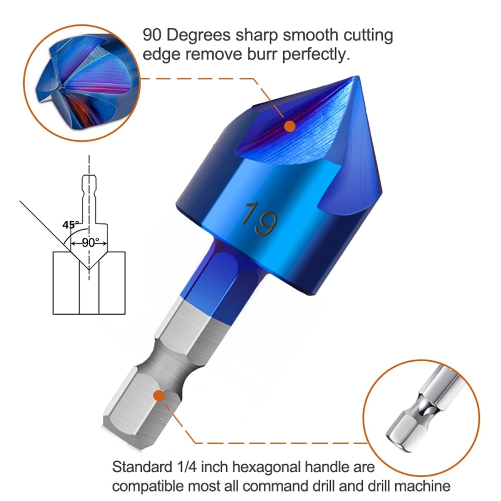 5 Flutes Chamfer Drill Bit Set 6-19mm 90 Degrees Chamfering Blue Coated Countersink Drill Bit 1Set