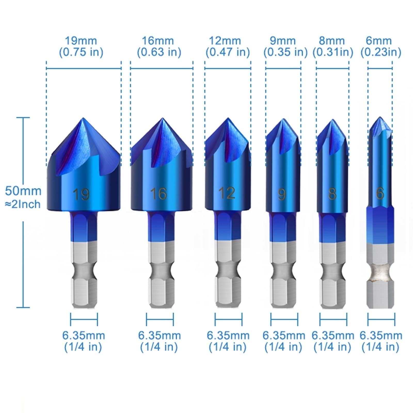 5 Flutes Chamfer Drill Bit Set 6-19mm 90 Degrees Chamfering Blue Coated Countersink Drill Bit 1Set