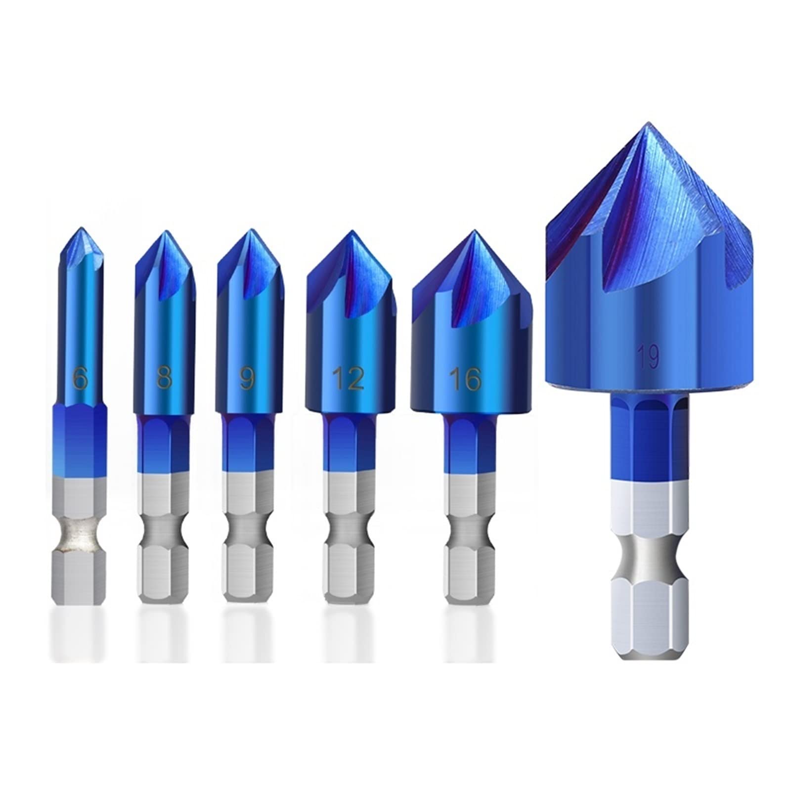 5 Flutes Chamfer Drill Bit Set 6-19mm 90 Degrees Chamfering Blue Coated Countersink Drill Bit 1Set