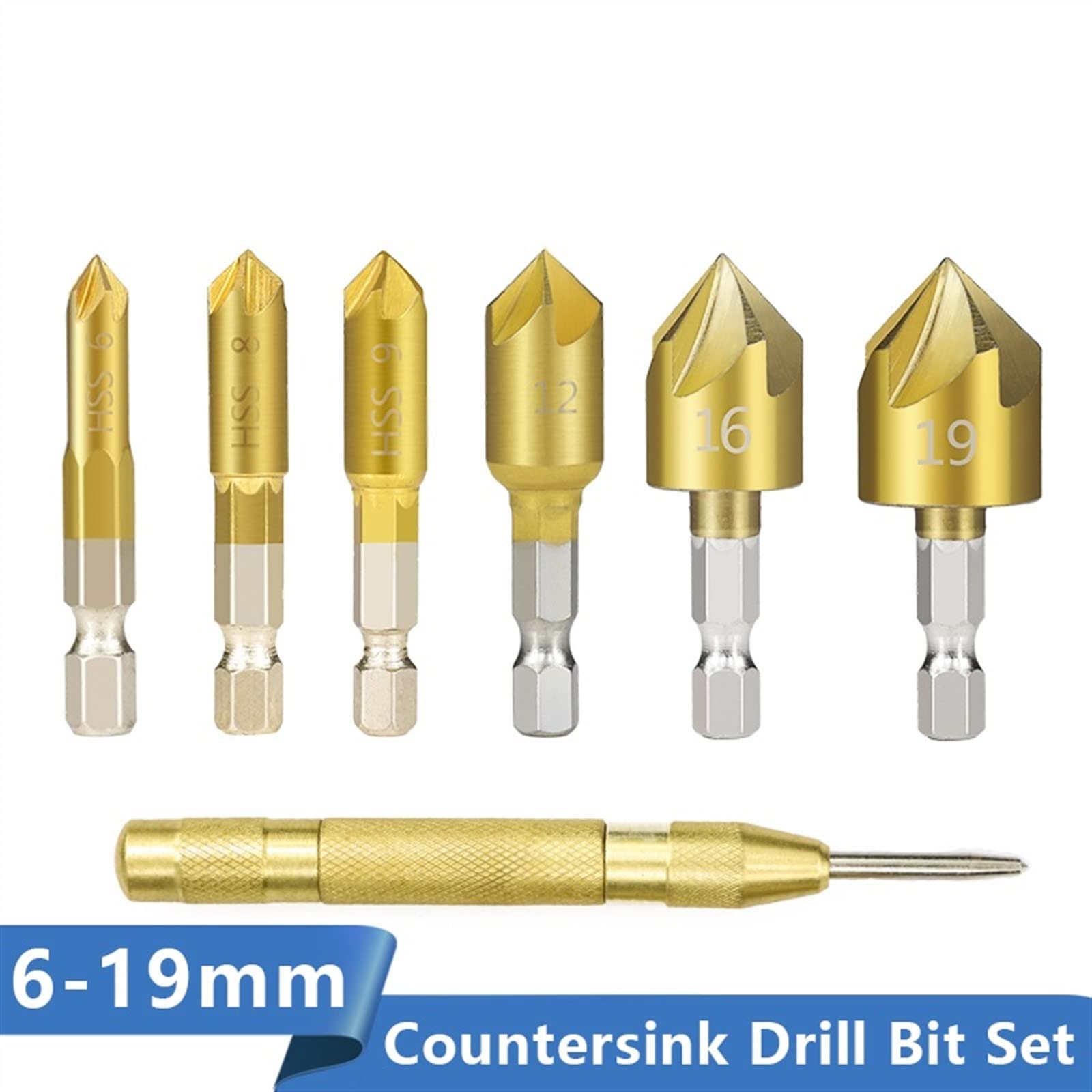 Hex Shank Countersink Drill Bit 6-19mm Set Titanium Coated 5 Flute Hole Drill 90 Degrees Wood Chamfering 6Pcs (Color : 6pcs with Punch)