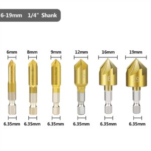 Hex Shank Countersink Drill Bit 6-19mm Set Titanium Coated 5 Flute Hole Drill 90 Degrees Wood Chamfering 6Pcs (Color : 6pcs with Punch)