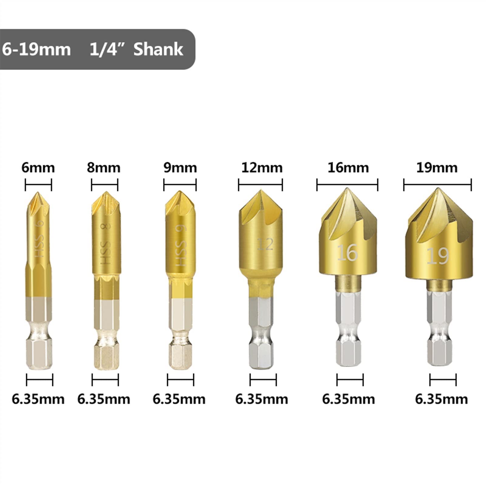 Hex Shank Countersink Drill Bit 6-19mm Set Titanium Coated 5 Flute Hole Drill 90 Degrees Wood Chamfering 6Pcs (Color : 6pcs with Punch)