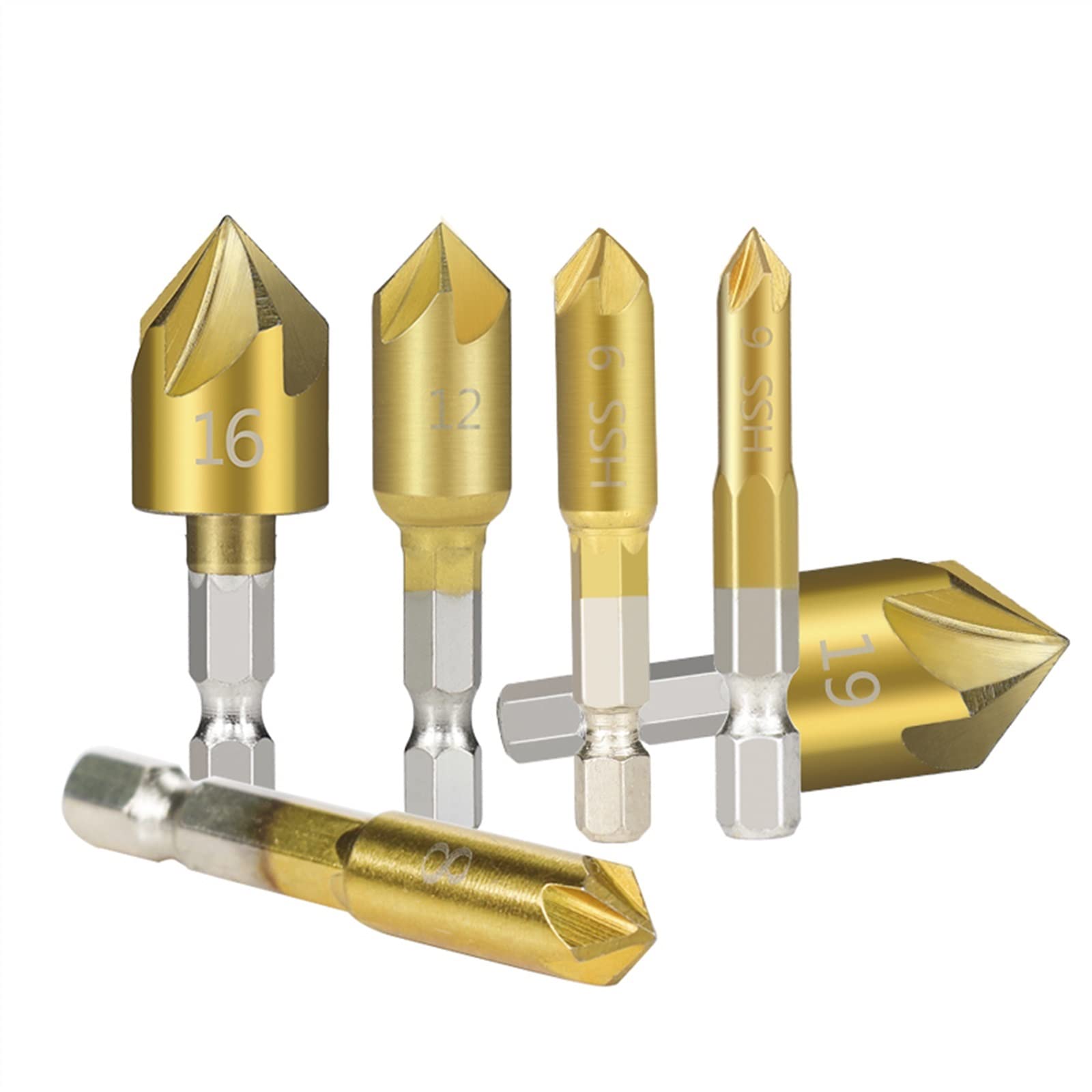 Hex Shank Countersink Drill Bit 6-19mm Set Titanium Coated 5 Flute Hole Drill 90 Degrees Wood Chamfering 6Pcs (Color : 6pcs with Punch)