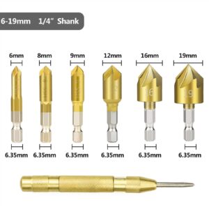 Hex Shank Countersink Drill Bit 6-19mm Set Titanium Coated 5 Flute Hole Drill 90 Degrees Wood Chamfering 6Pcs (Color : 6pcs with Punch)