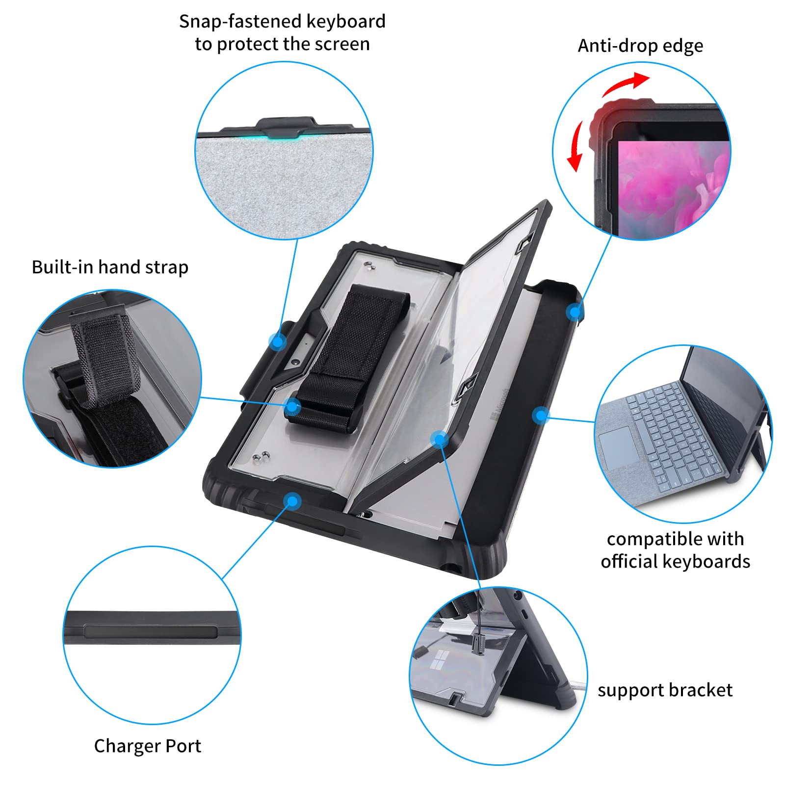 AOAO for Microsoft Surface Pro 11/10/9 Case with Shoulder Strap, Hand Strap, Stylus Pen Holder, Rugged, Shock-Absorbing and Drop-Resistant