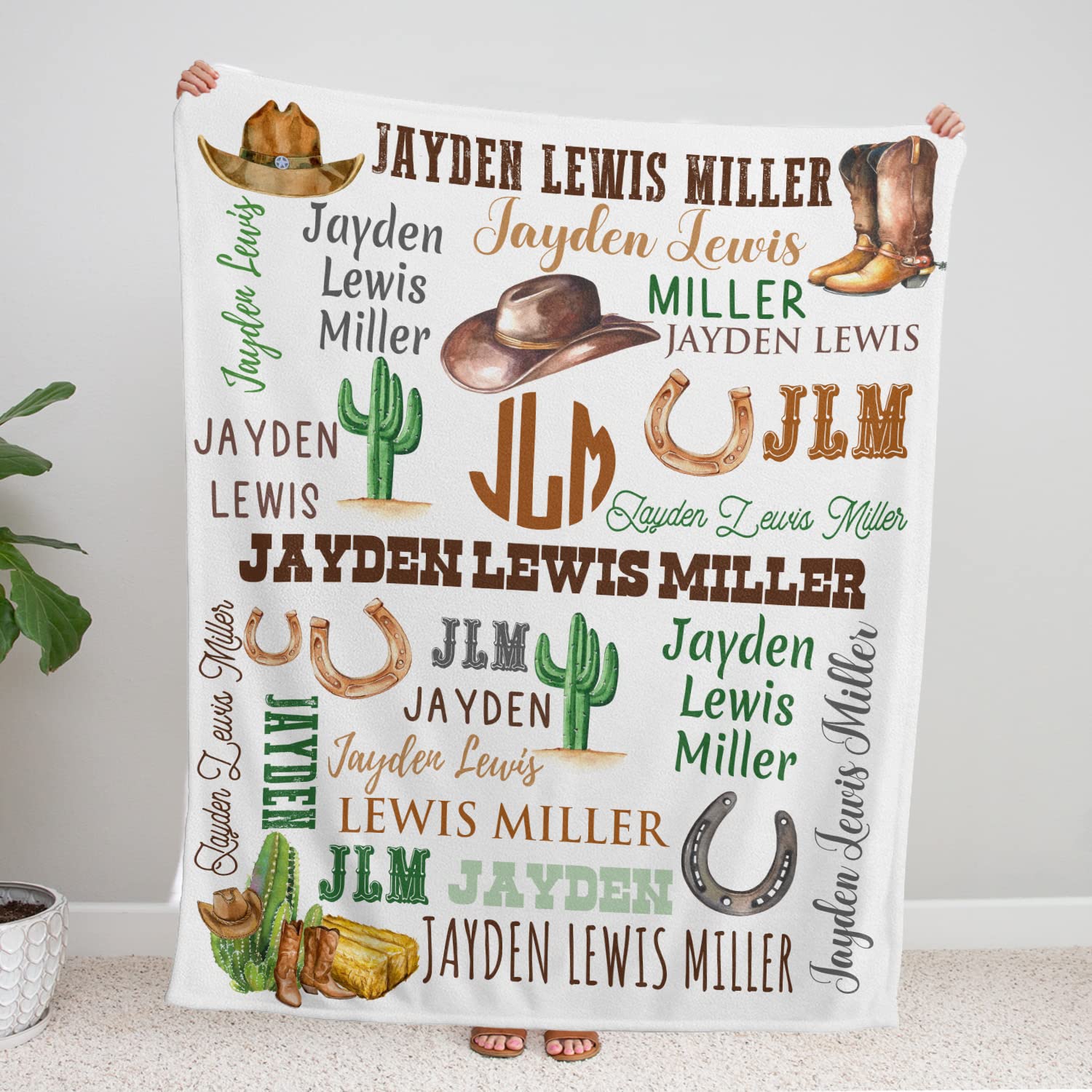 Initials Name Baby Western Blankets, Cowboy Baby Blankets, Personalized Cactus Baby Blankets for Boys Girls, Baby Boy Stuff, Custom Baby Blankets Name Fleece Blankets for Infant Newborn Son Daughter