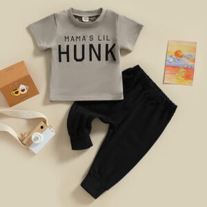 Twopumpkin Toddler Baby Boy Letter Print T Shirts Top and Pants Summer Clothes Cute Infant Outfits for Boys (A Mamas Lil HUNK Gray,6-12 Months)