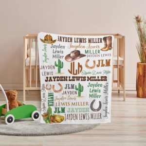 Initials Name Baby Western Blankets, Cowboy Baby Blankets, Personalized Cactus Baby Blankets for Boys Girls, Baby Boy Stuff, Custom Baby Blankets Name Fleece Blankets for Infant Newborn Son Daughter