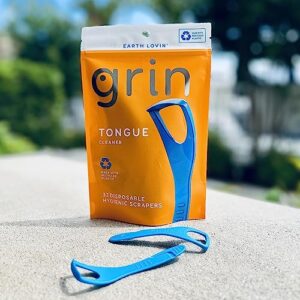 GRIN Tongue Cleaner, 32 Count, Disposable Tongue Cleaner, Hygienic Scraper, Recycled Plastic, Clean Tongue, Promote Fresh Breath, Includes Safe Fold- Back Tooth Pick