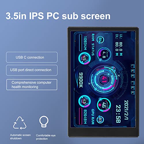 Computer Temp Monitor, Mini Screen IPS Full View Display USB Type C Interface PC Temperature Display 3.5in for Home(Black)