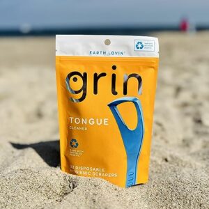 GRIN Tongue Cleaner, 32 Count, Disposable Tongue Cleaner, Hygienic Scraper, Recycled Plastic, Clean Tongue, Promote Fresh Breath, Includes Safe Fold- Back Tooth Pick