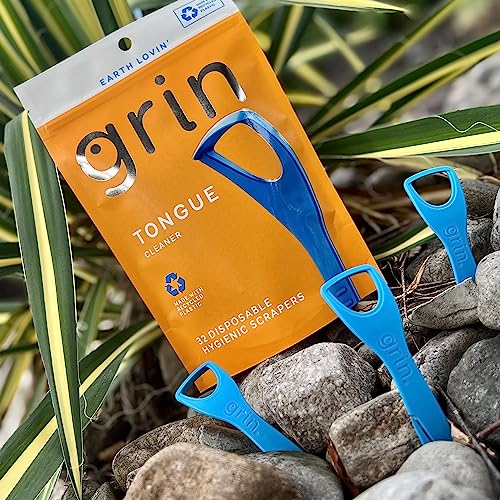 GRIN Tongue Cleaner, 32 Count, Disposable Tongue Cleaner, Hygienic Scraper, Recycled Plastic, Clean Tongue, Promote Fresh Breath, Includes Safe Fold- Back Tooth Pick