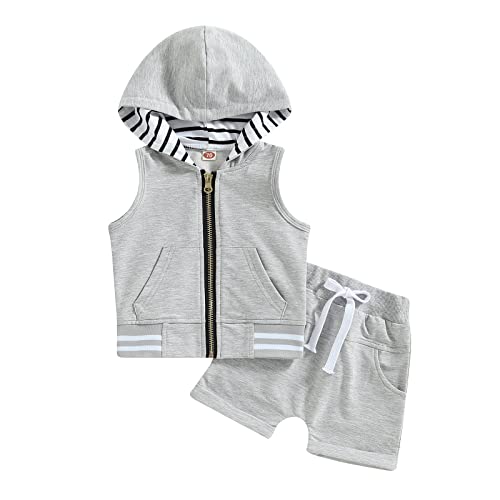 allshope Toddler Baby Boy Summer Outfit Sets Sleeveless Zipper Pockets Hoodie with Solid Color Drawstring Shorts 2PCS Clothes Set (Gray, 2-3 Years)