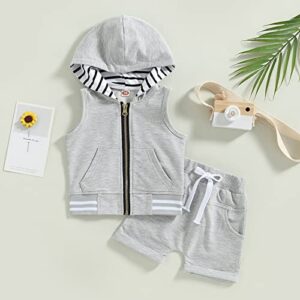 allshope Toddler Baby Boy Summer Outfit Sets Sleeveless Zipper Pockets Hoodie with Solid Color Drawstring Shorts 2PCS Clothes Set (Gray, 2-3 Years)