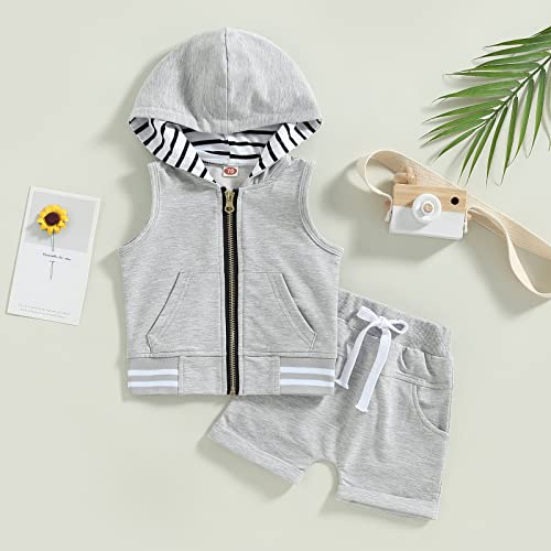 allshope Toddler Baby Boy Summer Outfit Sets Sleeveless Zipper Pockets Hoodie with Solid Color Drawstring Shorts 2PCS Clothes Set (Gray, 2-3 Years)