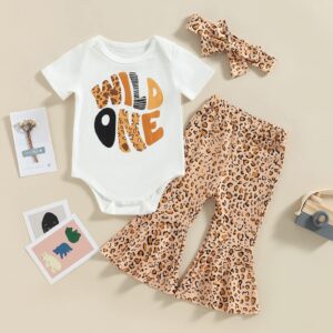 Eadrioss First Baby Girl Birthday Outfit 1st Wild One Romper Shirt Leopard Bell Bottoms One Year Old Birthday Outfit Girl