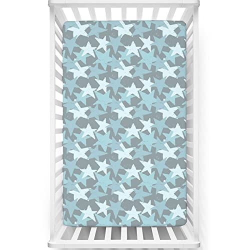 Star Themed Fitted Mini Crib Sheets,Portable Mini Crib Sheets Soft & Stretchy Fitted Crib Sheet-Crib Mattress Sheet or Toddler Bed Sheet,24“ x38“,Seafoam and Baby Blue