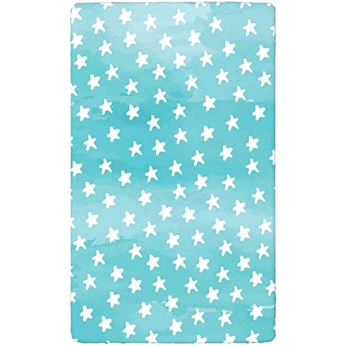 Star Themed Fitted Mini Crib Sheets,Portable Mini Crib Sheets Ultra Soft Material-Baby Sheet for Boys Girls,24“ x38“,Pale Blue and White