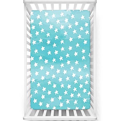 Star Themed Fitted Mini Crib Sheets,Portable Mini Crib Sheets Ultra Soft Material-Baby Sheet for Boys Girls,24“ x38“,Pale Blue and White