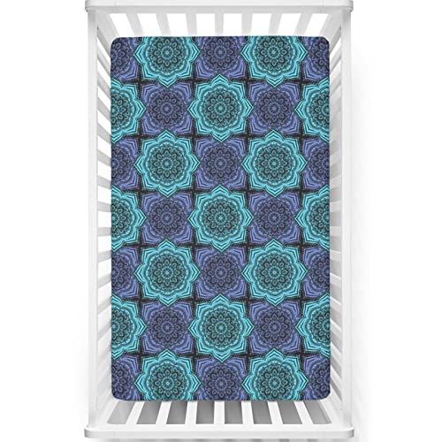 Retro Themed Fitted Mini Crib Sheets,Portable Mini Crib Sheets Ultra Soft Material-Baby Sheet for Boys Girls,24“ x38“,Lavender Blue Seafoam and Black