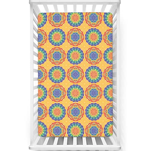 Rainbow Mandala Themed Fitted Mini Crib Sheets,Portable Mini Crib Sheets Ultra Soft Material-Baby Crib Sheets for Girl or Boy,24“ x38“,Multicolor