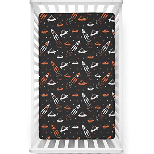 Space Themed Fitted Mini Crib Sheets,Portable Mini Crib Sheets Soft Toddler Mattress Sheet Fitted-Crib Mattress Sheet or Toddler Bed Sheet,24“ x38“,Orange White Black