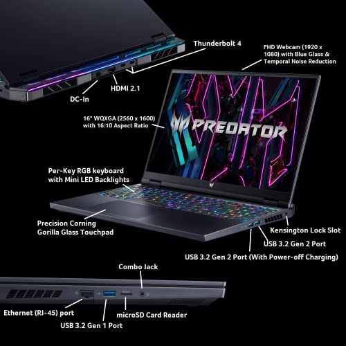 Acer Predator Helios 16 Gaming Laptop | 13th Gen Intel Core i7-13700HX | NVIDIA GeForce RTX 4070 | 16" 2560 x 1600 240Hz G-SYNC Display | 16GB DDR5 | 1TB Gen 4 SSD | Killer Wi-Fi 6E | PH16-71-72YG , Black