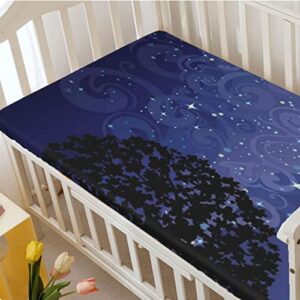 Starry Night Themed Fitted Mini Crib Sheets,Portable Mini Crib Sheets Soft & Stretchy Fitted Crib Sheet-Crib Mattress Sheet or Toddler Bed Sheet,24“ x38“,Charcoal Grey Indigo Black