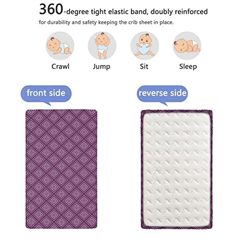 Retro Themed Fitted Mini Crib Sheets,Portable Mini Crib Sheets Soft & Stretchy Fitted Crib Sheet-Crib Mattress Sheet or Toddler Bed Sheet,24“ x38“,Purple and Lilac