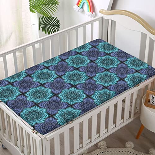 Retro Themed Fitted Mini Crib Sheets,Portable Mini Crib Sheets Ultra Soft Material-Baby Sheet for Boys Girls,24“ x38“,Lavender Blue Seafoam and Black