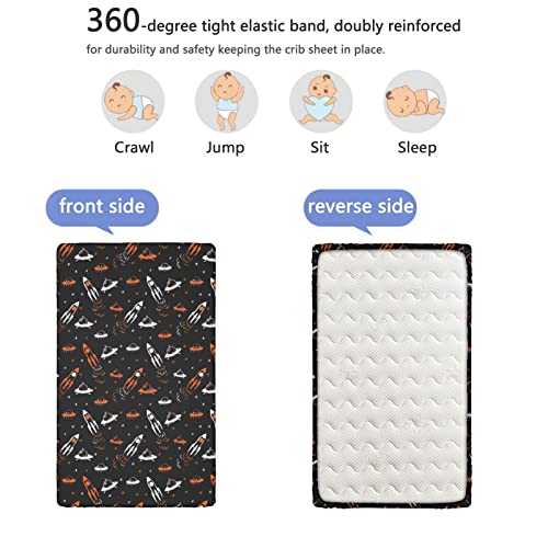 Space Themed Fitted Mini Crib Sheets,Portable Mini Crib Sheets Soft Toddler Mattress Sheet Fitted-Crib Mattress Sheet or Toddler Bed Sheet,24“ x38“,Orange White Black