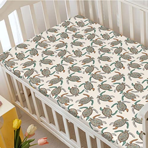 Retro Themed Fitted Mini Crib Sheets,Portable Mini Crib Sheets Soft Toddler Mattress Sheet Fitted-Crib Mattress Sheet or Toddler Bed Sheet,24“ x38“,Dark Peach Seafoam