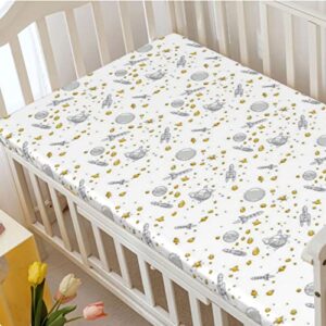 Space Themed Fitted Mini Crib Sheets,Portable Mini Crib Sheets Ultra Soft Material-Crib Mattress Sheet or Toddler Bed Sheet,24“ x38“,Multicolor