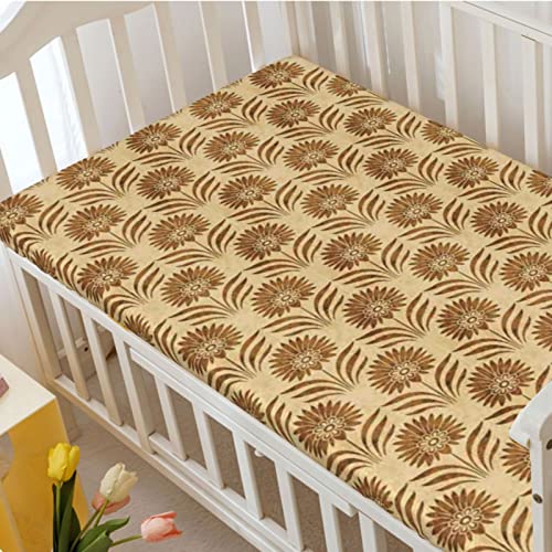 Retro Themed Fitted Mini Crib Sheets,Portable Mini Crib Sheets Soft and Breathable Bed Sheets-Baby Crib Sheets for Girl or Boy,24“ x38“,Caramel Beige