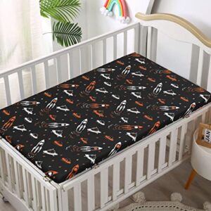 Space Themed Fitted Mini Crib Sheets,Portable Mini Crib Sheets Soft Toddler Mattress Sheet Fitted-Crib Mattress Sheet or Toddler Bed Sheet,24“ x38“,Orange White Black