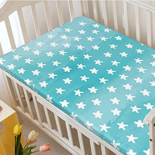 Star Themed Fitted Mini Crib Sheets,Portable Mini Crib Sheets Ultra Soft Material-Baby Sheet for Boys Girls,24“ x38“,Pale Blue and White