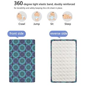 Retro Themed Fitted Mini Crib Sheets,Portable Mini Crib Sheets Ultra Soft Material-Baby Sheet for Boys Girls,24“ x38“,Lavender Blue Seafoam and Black