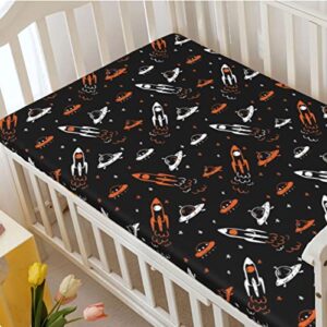 Space Themed Fitted Mini Crib Sheets,Portable Mini Crib Sheets Soft Toddler Mattress Sheet Fitted-Crib Mattress Sheet or Toddler Bed Sheet,24“ x38“,Orange White Black