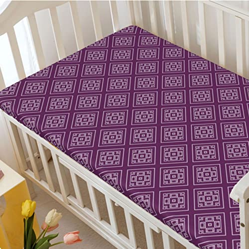 Retro Themed Fitted Mini Crib Sheets,Portable Mini Crib Sheets Soft & Stretchy Fitted Crib Sheet-Crib Mattress Sheet or Toddler Bed Sheet,24“ x38“,Purple and Lilac