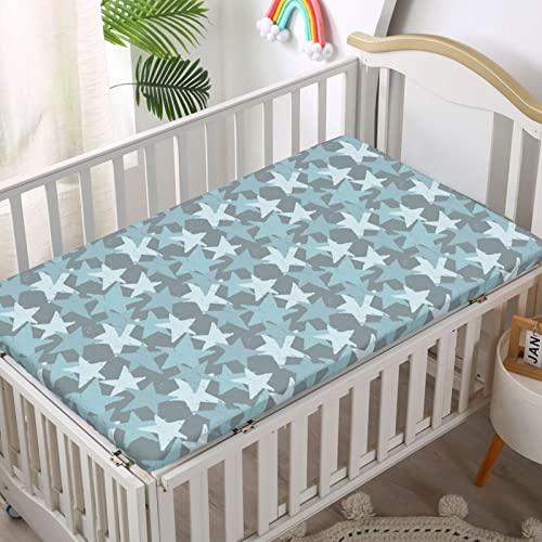 Star Themed Fitted Mini Crib Sheets,Portable Mini Crib Sheets Soft & Stretchy Fitted Crib Sheet-Crib Mattress Sheet or Toddler Bed Sheet,24“ x38“,Seafoam and Baby Blue