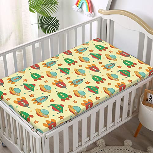 Spaceship Themed Fitted Crib Sheet,Standard Crib Mattress Fitted Sheet Soft and Breathable Bed Sheets-Baby Crib Sheets for Girl or Boy,28“ x52“,Multicolor