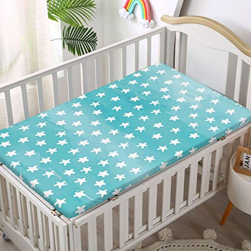 Star Themed Fitted Mini Crib Sheets,Portable Mini Crib Sheets Ultra Soft Material-Baby Sheet for Boys Girls,24“ x38“,Pale Blue and White