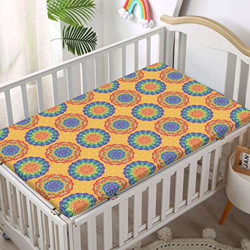 Rainbow Mandala Themed Fitted Mini Crib Sheets,Portable Mini Crib Sheets Ultra Soft Material-Baby Crib Sheets for Girl or Boy,24“ x38“,Multicolor