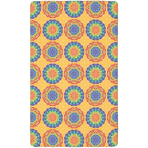 Rainbow Mandala Themed Fitted Mini Crib Sheets,Portable Mini Crib Sheets Ultra Soft Material-Baby Crib Sheets for Girl or Boy,24“ x38“,Multicolor